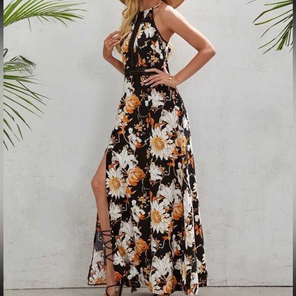 Boho Floral Print Criss Cross Lace Maxi Crochet Dress Cottagecore - Picture 5 of 9